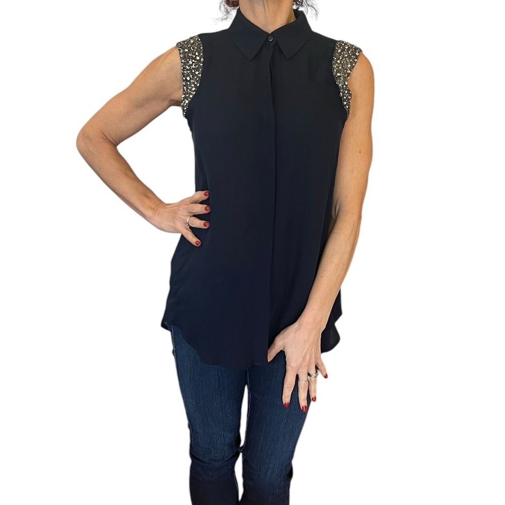 Women's HAUTE HIPPIE Navy Blue Beaded Embellished Cap Sleeve Silk Blouse S $395 - Picture 5 of 16